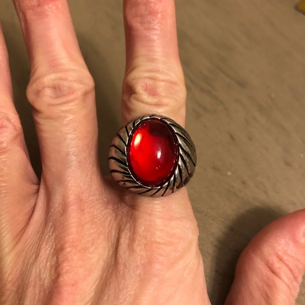 Red Faux Gemstone Silver Tone Cocktail Ring - Costume Jewelry